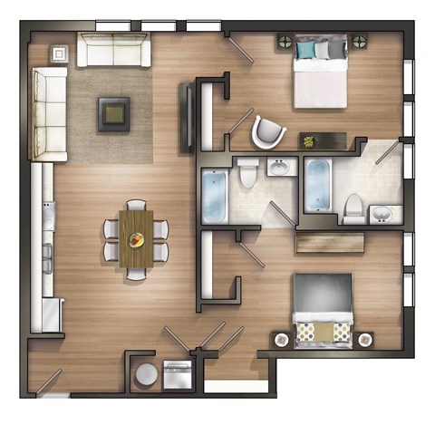 Floor plan for 2 beds, 2 baths, 1172 sqft
